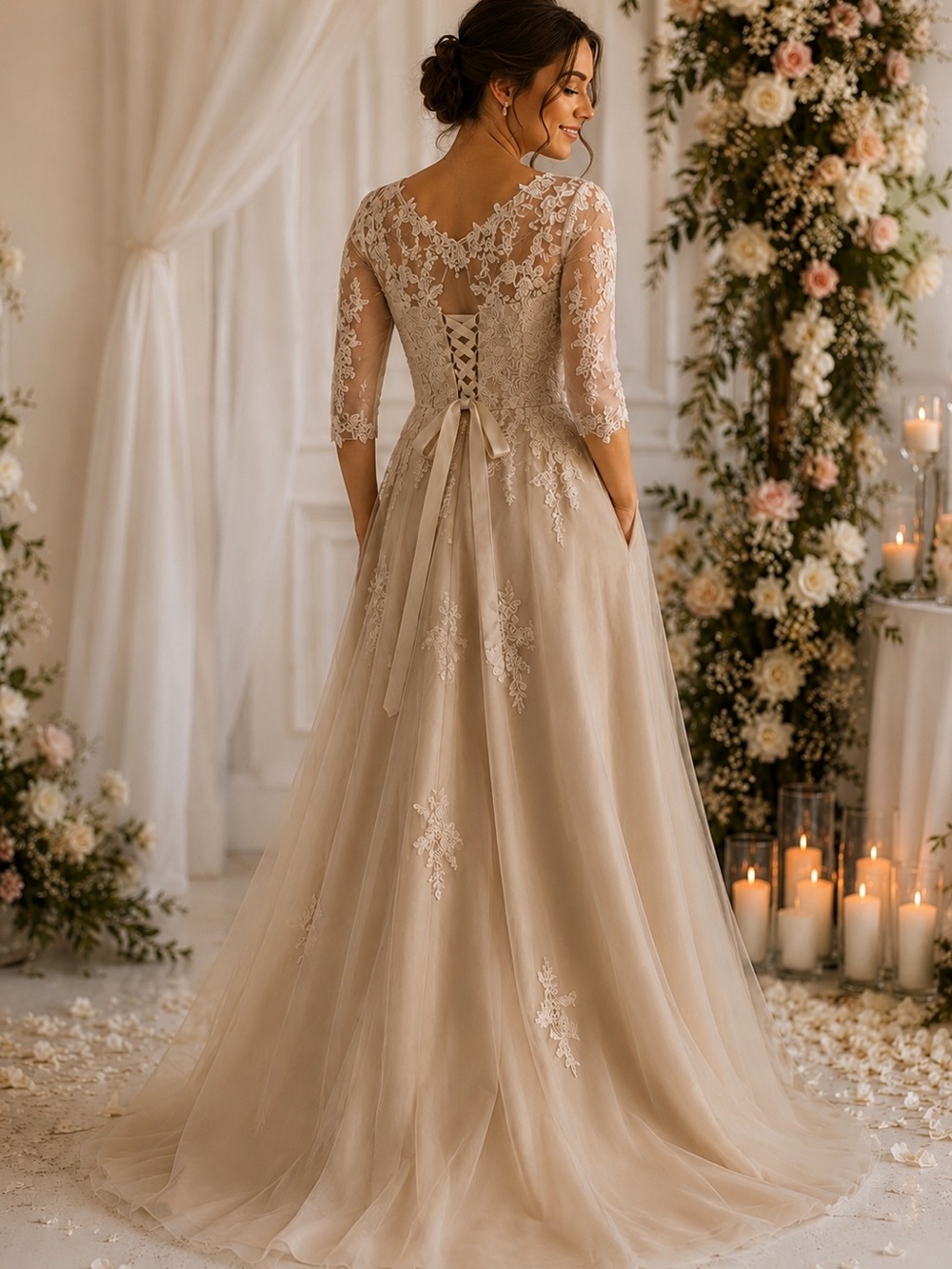 Elegant Lace A-Line Wedding Dress in beige - Picture 2 of 10